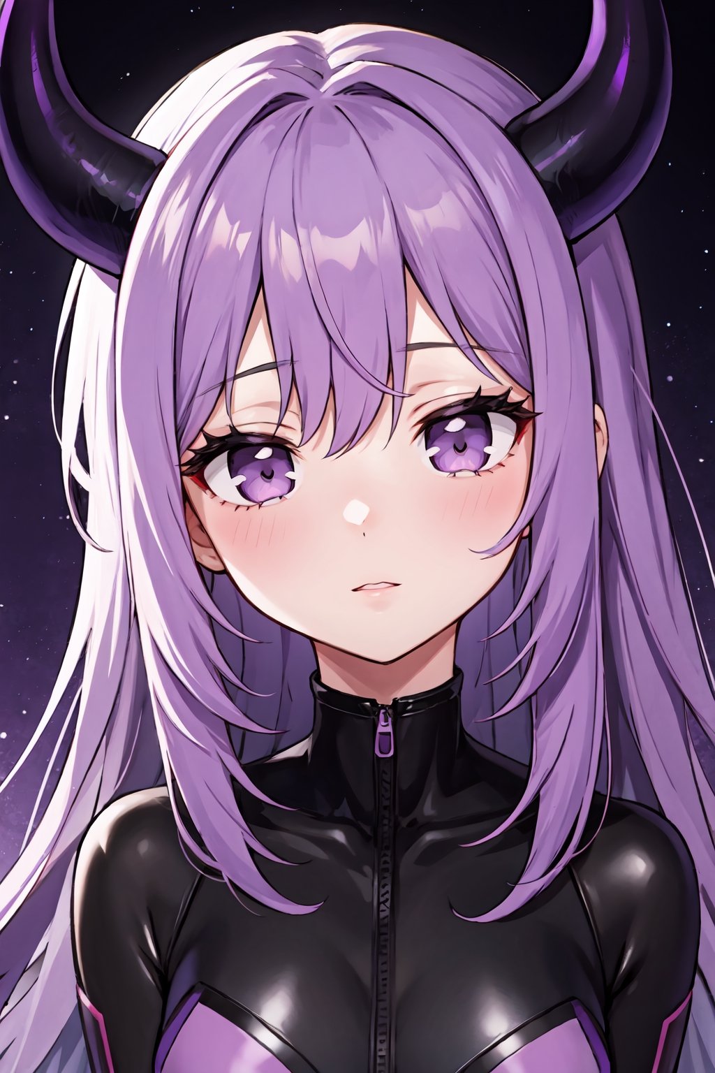 1girl(best quality:) ,AmongUsEyes, dark purple hair with black highlights, astro suit, purple eyes, black horns, muder mystery