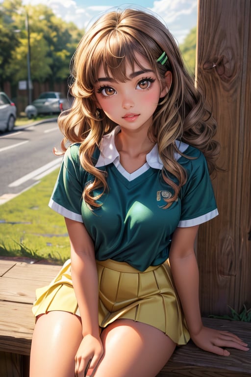 (best quality, masterpiece, ultra quality), cute girl, shiny silky brown blonde curly hair, deep tanned skin, slight bangs, big_thighs, UHD quality, yellow skirt, stormy blue green eyes, puffy tshirt, white, hairclips, cute, cherry lips, hot, sitting, blue green eyes, american, babyface, realistic, ,inboxDollPlaySetQuiron style, a little bit of freckles, preppy style, brown eyes, (detailed brown eyes), green highlights on hair