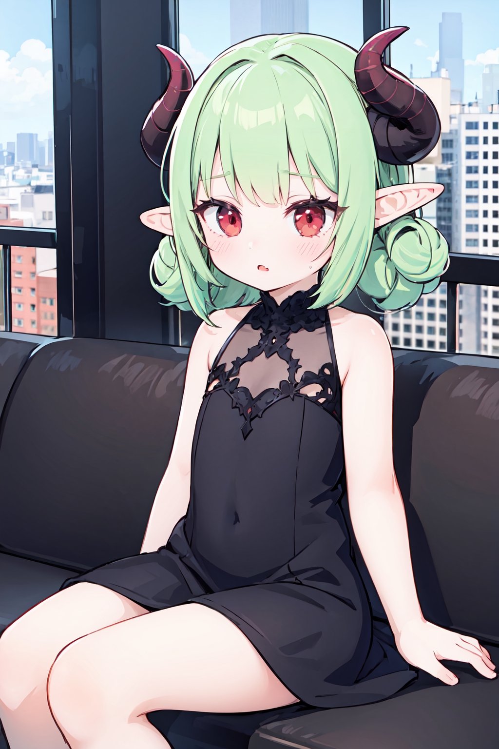 1girl(best quality:) green hair, red eyes, 2tiny horns, white horn, pale skin, cute, devil look, black formal dress, cute, thighs, sitting_down, background of city, anime, embarassed, elf ears, short  pointy ears, red horns, green curly hair