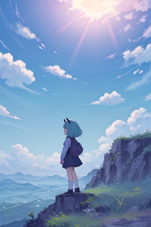 lofi, 1girl, green hair, red eyes, demon horns, elf ears, standing on a cliff, scenery, clouds,masterpiece,<lora:659111690174031528:1.0>