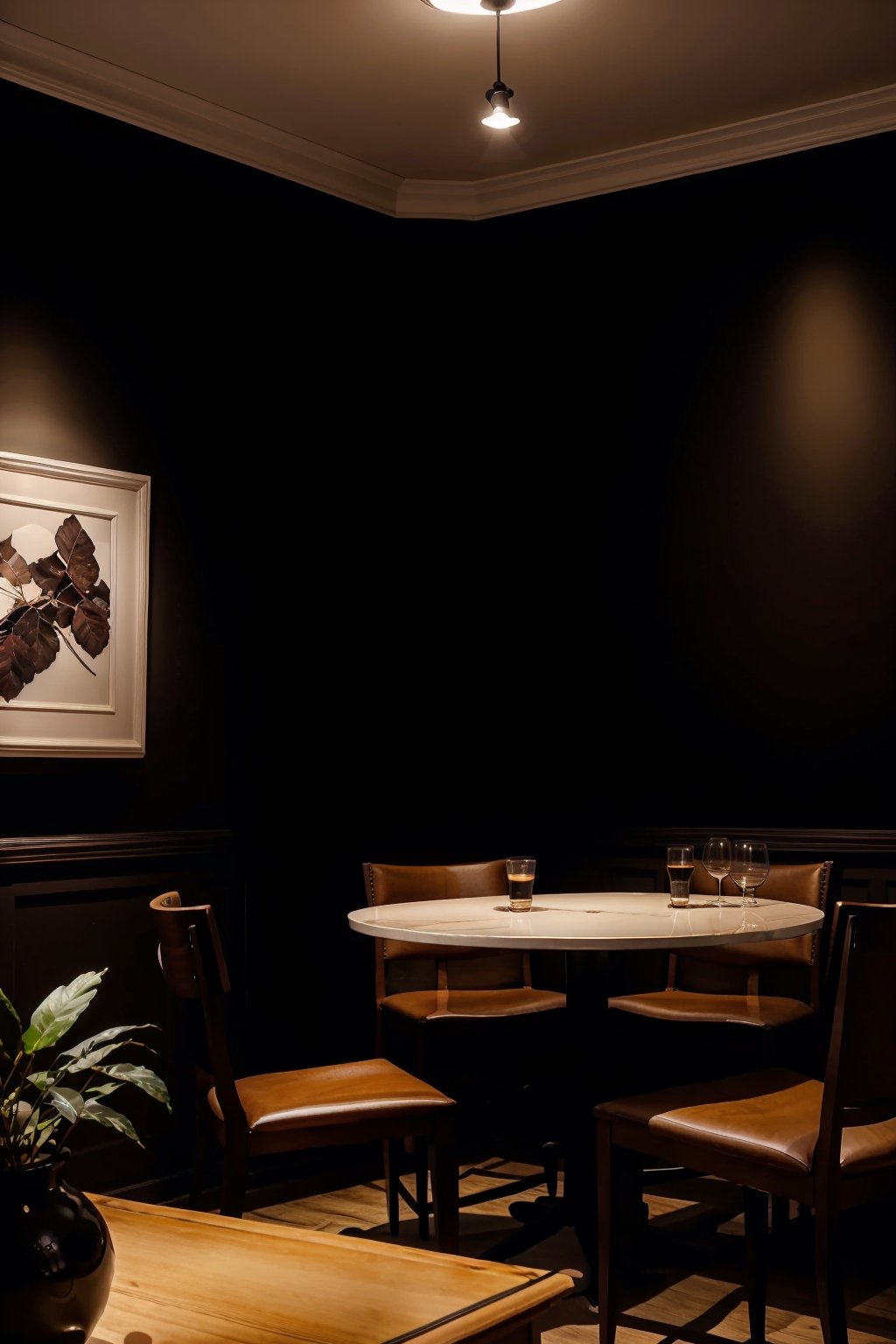 elegant black cafe, dim lighting, perfect focus, aesthetic, detailed background, black walls, elegant