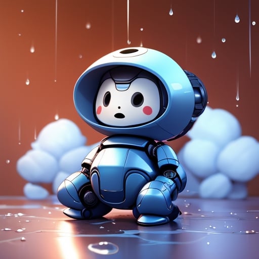 cute robot, blue and white, plump, cloud shape body, raindrop head, curly head, hologram, TA written on it