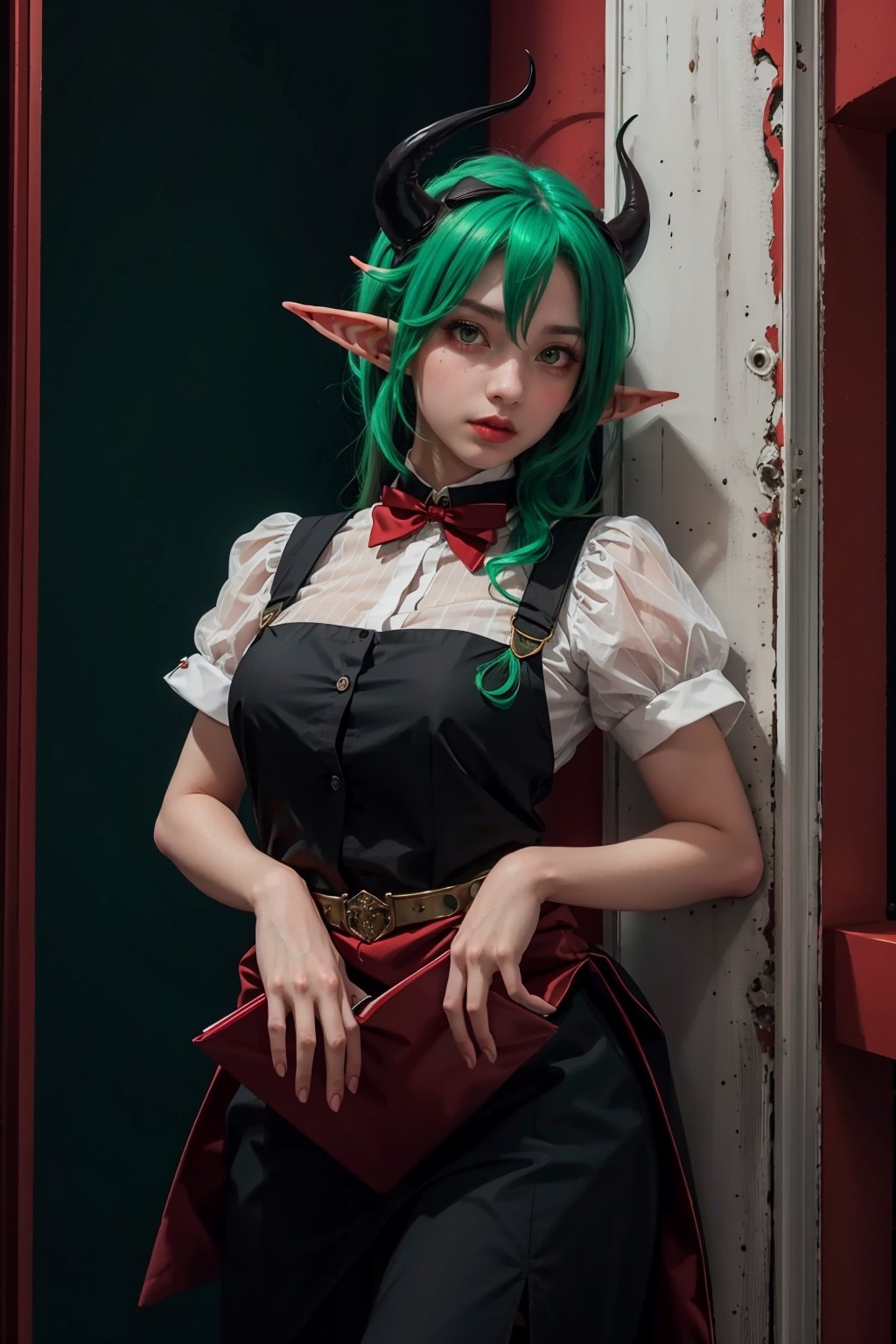 1girl, red eyes, green hair, elf ears, red horns, waitress, ((background, elegant black walls, dim lighting))