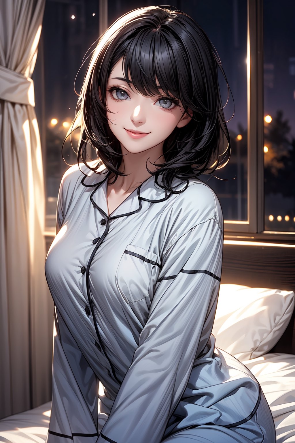 1girl, ((black hair)), ((grey eyes)), pyjamas, fun, night, aesthetic, purple lighting, smiling