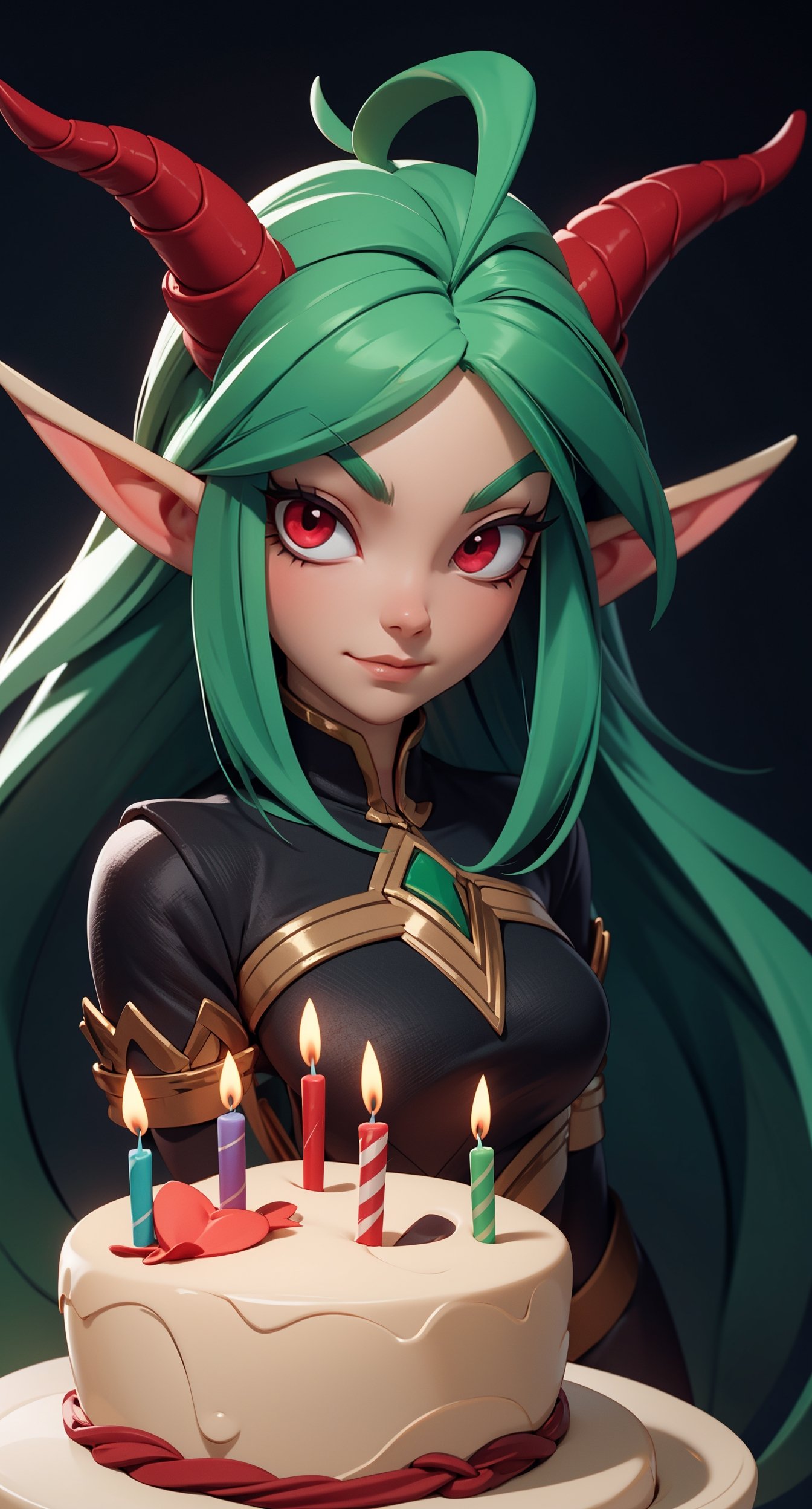 1girl | solo | focus | perfect | birthday | green hair | red eyes | demon horns | elf ears