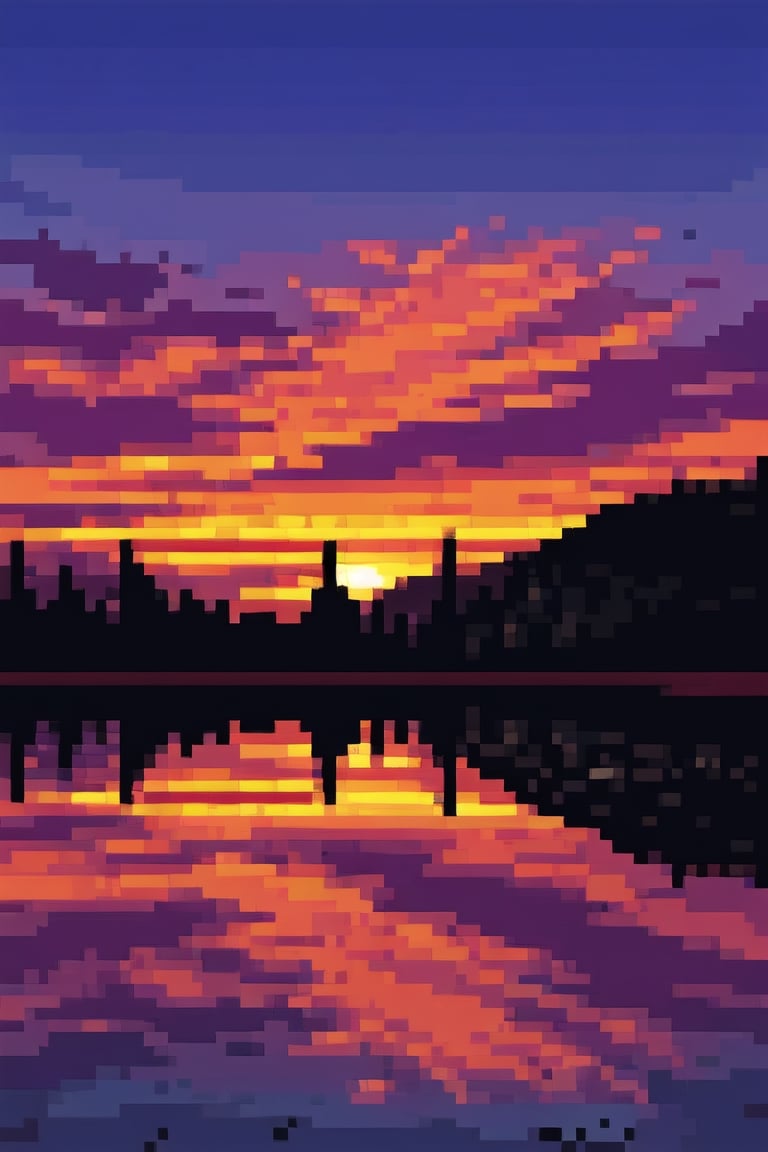 pixel art, (warm), scenery, sunset, reflection