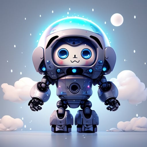 cute robot, blue and white, plump, cloud shape body, raindrop head, curly head, hologram, TA written on it, robot