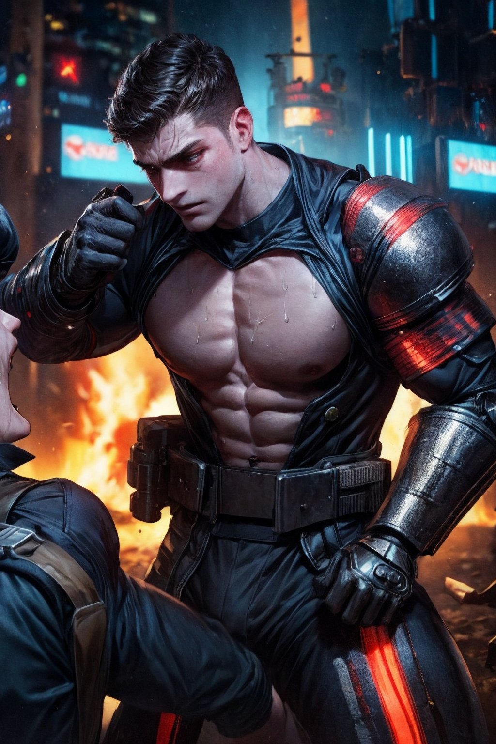 2boy battling, cyberpunk clothes and armour, 4K, large_muscles, hot, sweating, battleships, cyberpunk