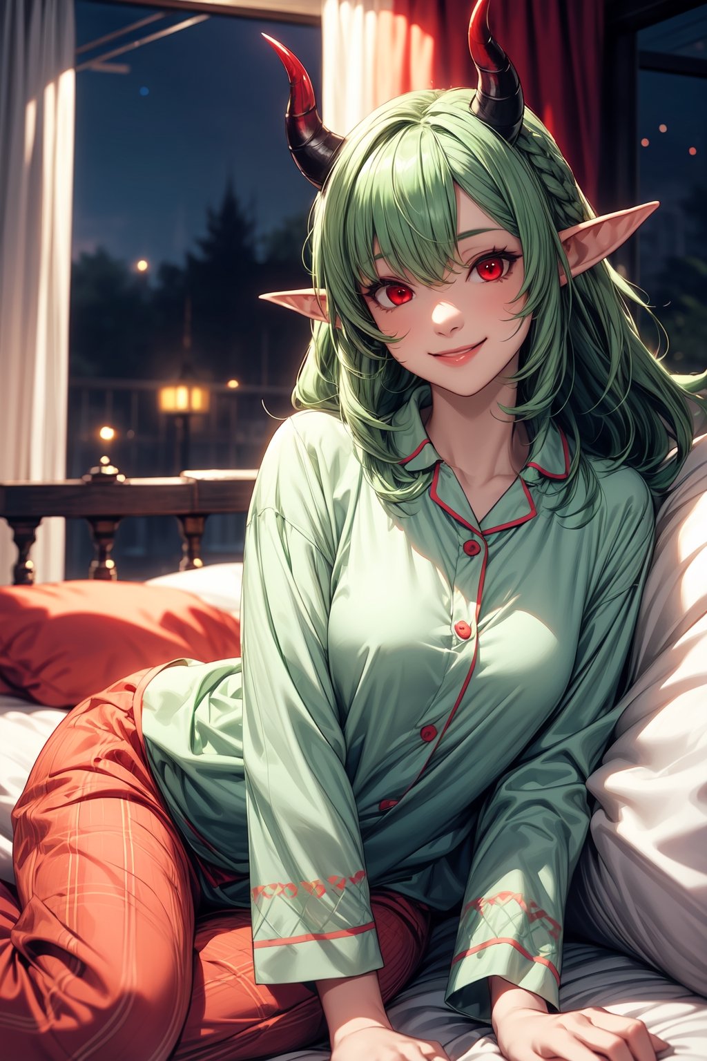 1girl, ((green hair)), ((red eyes)), elf ears, red horns, sleepover, pyjamas, night, smiling