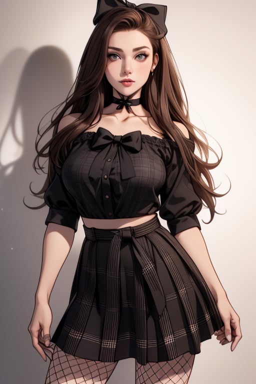 (Masterpiece, high quality,  perfect anatomy, perfect eyes), (beautiful, sensual, busty woman with long brown hair and brown eyes, wearing a black blouse, a black and white plaid skirt, fishnets, and a choker), ((black bow in her hair)),more detail XL,1 girl,Detailedface,Long hair 