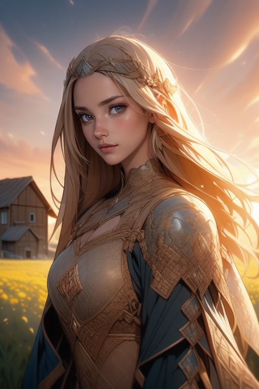 (Masterpiece, high quality,  perfect anatomy, perfect eyes), (beautiful, sensual peasant female), (medieval fantasy, farming village, sunset), (focus on upper body),more detail XL,1 girl,Detailedface,Long hair,Enhance,portrait,illustration,fcloseup,rgbcolor,emotion