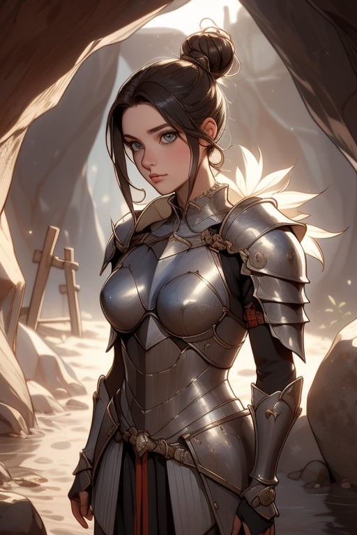 (Masterpiece, high quality,  perfect anatomy, perfect eyes), (beautiful, sensual knight woman in armor, hair in a bun), (medieval fantasy, scouting out a muddy cave, Torchlight, treasure littering the ground), focus on upper body, more detail XL,1 girl,Detailedface