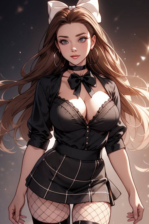 (Masterpiece, high quality,  perfect anatomy, perfect eyes), (beautiful, sensual, busty woman with long brown hair and brown eyes, wearing an open black blouse, a  black and white plaid skirt, fishnets, hoop earrings, and a choker), ((black bow in her hair)), more detail XL,1 girl,Detailedface,Long hair 