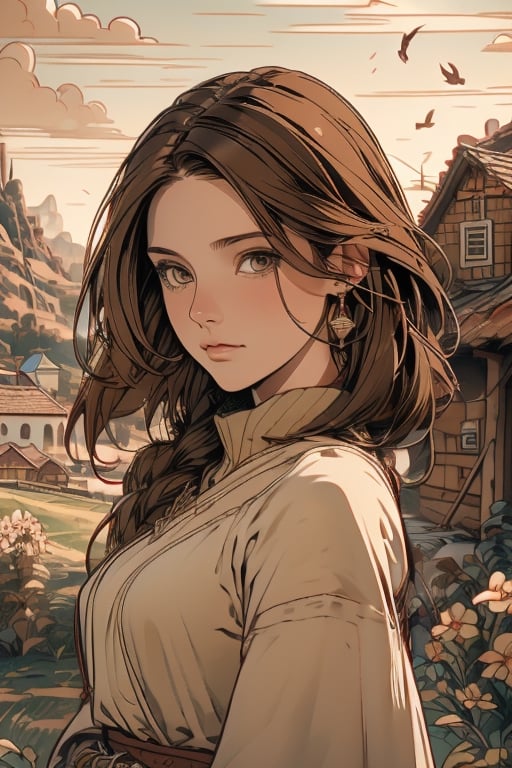 (Masterpiece, best quality, hi_res, extreme detail, perfect anatomy, perfect face), (pretty farm villager), (farming village, medieval fantasy),Brown hair ,niji,sketch