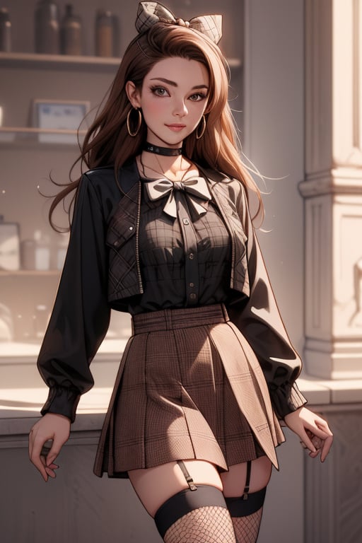 (Masterpiece, high quality,  perfect anatomy, perfect eyes), (beautiful, sensual, woman with long brown hair and brown eyes, wearing a jacket over a black blouse, black and white plaid skirt, hoop earrings, fishnet stockings, and a choker) ((bow in her hair)), (public), more detail XL,1 girl,Detailedface,Long hair