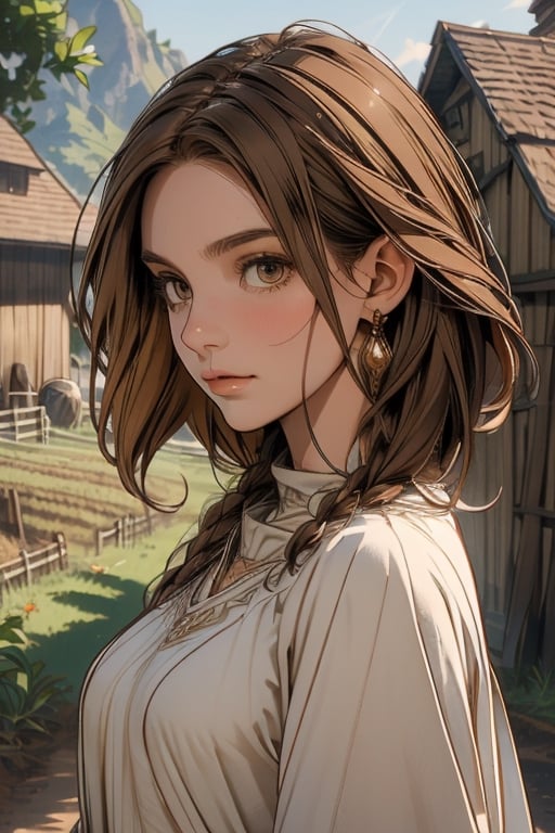 (Masterpiece, best quality, hi_res, extreme detail, perfect anatomy, perfect face), (pretty farm villager), (farming village, medieval fantasy),Brown hair ,niji