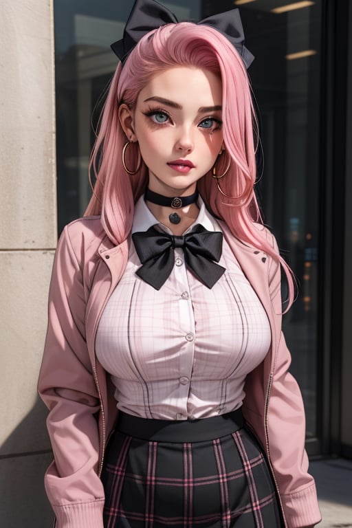 (Masterpiece, high quality,  perfect anatomy, perfect face, perfect eyes), (beautiful, sensual, busty woman with long pink hair, dark makeup, wearing a jacket, blouse, plaid skirt, hoop earrings, and a choker) ((black bow in her hair)), (public), more detail XL,1 girl,Detailedface,Long hair