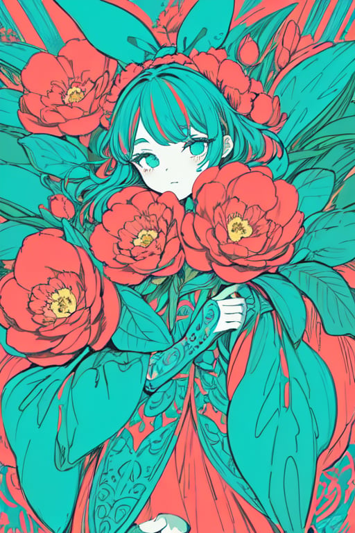 masterpiece, best quality, 2girl, flowers, camellia, flat color, lineart, abstract, ornate, teal theme, polychrome