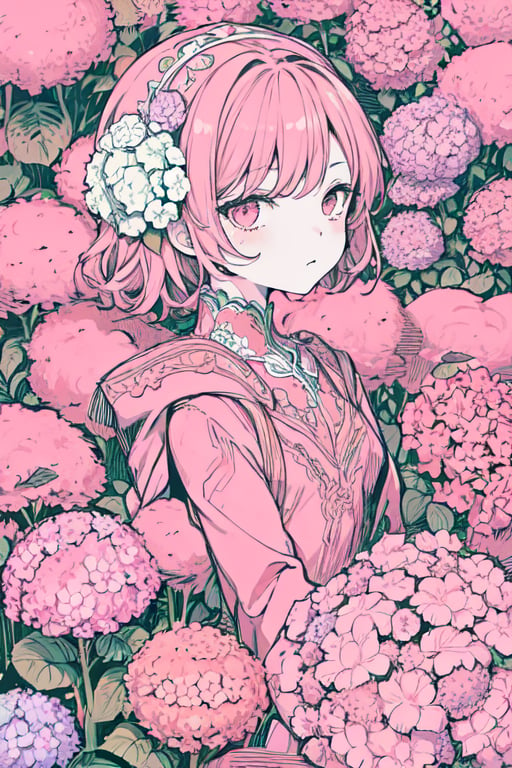 masterpiece, best quality, 1girl, flowers, hydrangea, flat color, lineart, abstract, ornate, pink theme,polychrome