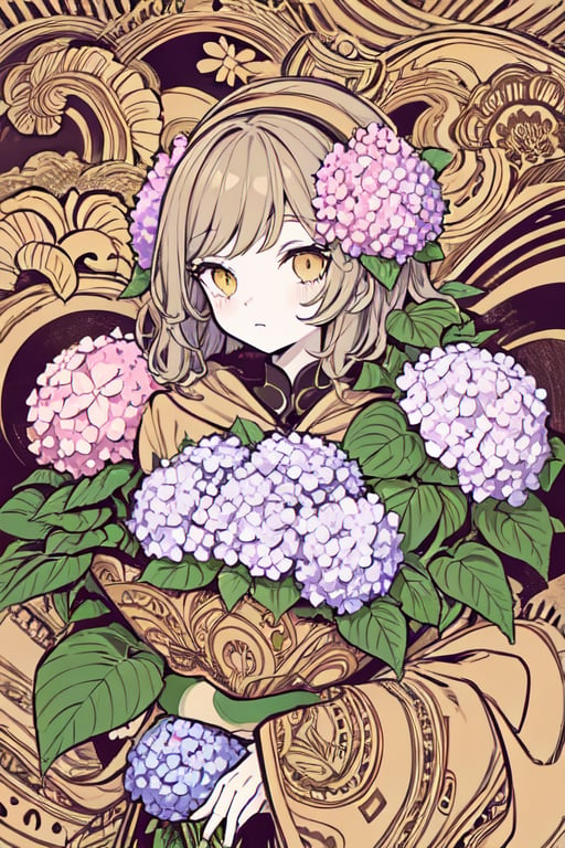 masterpiece, best quality, 1girl, flowers, hydrangea, flat color, lineart, abstract, ornate, brown theme, polychrome