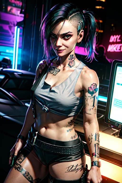 1 Judy, cyberpunk, sexy, tattoos, sexy, badass. Full naked, breasts out, pony tail, tank top, clothed, ,cyberpunk,Detailedface, happy, smile, sexy, cute, smoking, sexy, smiling, 