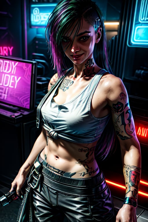 1 Judy, cyberpunk, sexy, tattoos, sexy, badass.  long hair, tank top, clothed, ,cyberpunk,Detailedface, happy smile, sexy, 