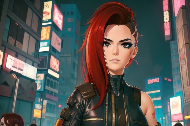 1 girl, red hair, brown eyes, nighty city, cyberpunk,