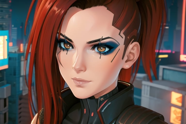 1 girl, red hair, brown eyes, nighty city, cyberpunk, sexy outfit, close up,