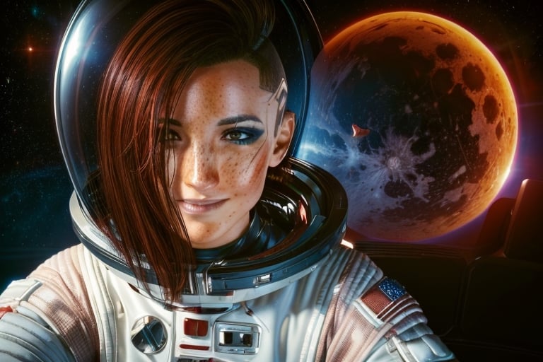  1 girl,  brown eyes, dark red hair, brown eyes, white and red space suit, space, black space, freckles, earth, the moon, the sun, floating in space, space, future, smile, astronaught suit, stronaught helmet, floating in space, selife, alient planet, 