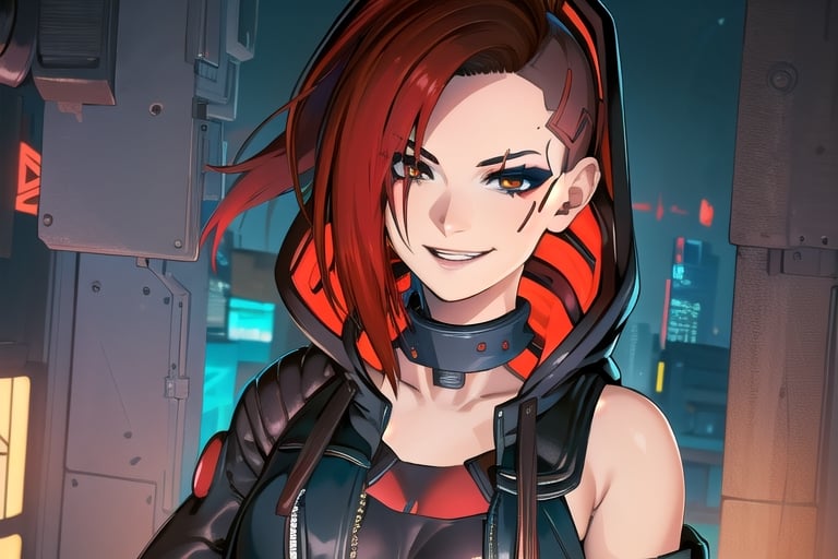 1 girl, red hair, brown eyes, nighty city, cyberpunk, sexy outfit, close up, collar, barely_clothed, smile, bullet neckless, ear piercing, wave, smile, fingers, hooded, hood up, assassins creed, smile, only face seen, smile, hidden in shadow, sexy, wvil smile, hidden smiles, darkness, hidden light, shaodw
