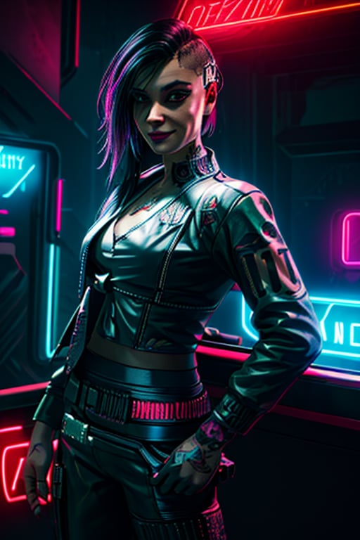 Judy, Night City, cyberpunk, tattoos, long hair,  ,cyberpunk 2077, Detailedface, happy smile, sexy, suit and tie, black suit, red tie, neon light, sexy, Night Cityclub, neon lights, cute smile, de