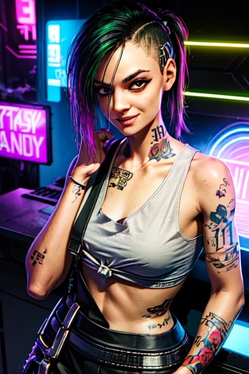 1 Judy, cyberpunk, sexy, tattoos, sexy, badass.  pony tail, tank top, clothed, ,cyberpunk,Detailedface, happy smile, sexy, cute, smoking, sexy,