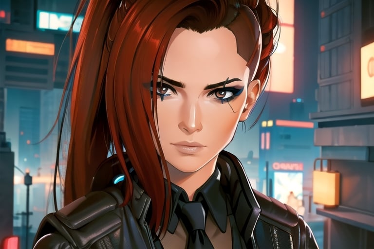 1 girl, red hair, brown eyes, nighty city, cyberpunk, black suit and tie, suit, agent, james bond, agent, cybernetic, close up,