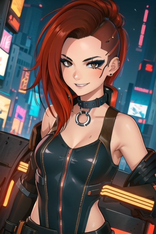 1 girl, red hair, brown eyes, nighty city, cyberpunk, sexy outfit, close up, collar, barely_clothed, smile, bullet neckless, ear piercing, wave, smile, fingers, 