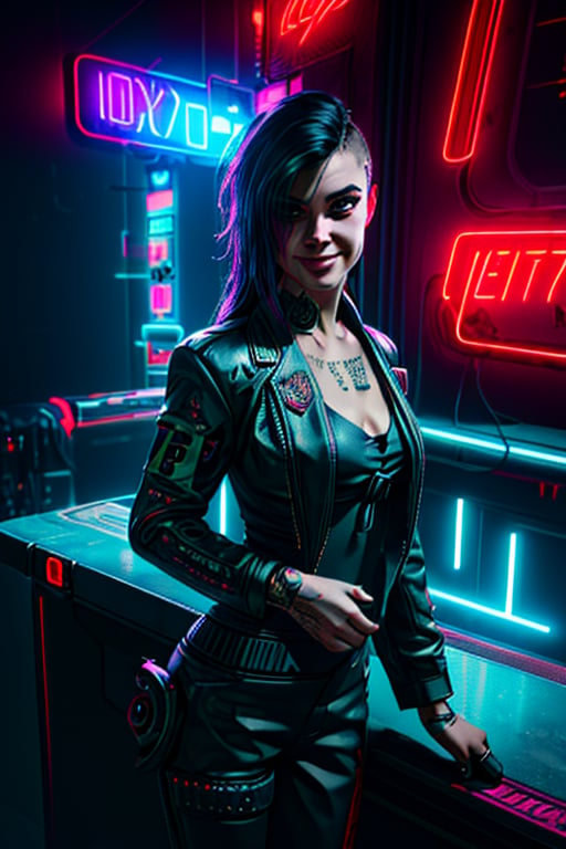 Judy, Night City, cyberpunk, tattoos, long hair,  ,cyberpunk 2077, Detailedface, happy smile, sexy, suit and tie, black suit, red tie, neon light, sexy, Night Cityclub, neon lights, cute smile, de