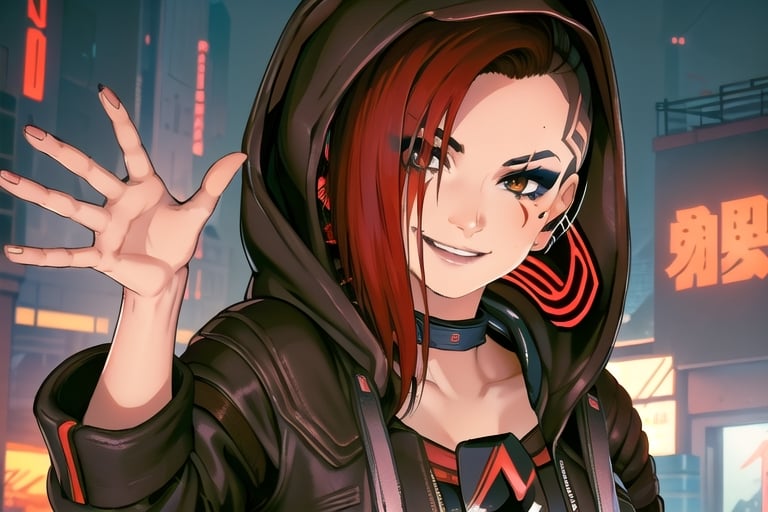 1 girl, red hair, brown eyes, nighty city, cyberpunk, sexy outfit, close up, collar, barely_clothed, smile, bullet neckless, ear piercing, wave, smile, fingers, hooded, hood up, assassins creed, smile, only face seen, smile, hidden in shadow, sexy, 