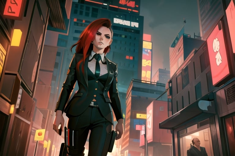 1 girl, red hair, brown eyes, nighty city, cyberpunk, black suit and tie, suit, agent, james bond, agent, cybernetic