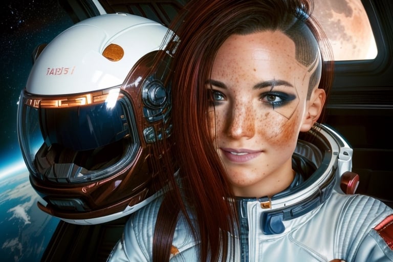  1 girl,  brown eyes, dark red hair, brown eyes, white and red space suit, space, black space, freckles, earth, the moon, the sun, floating in space, space, future, smile, astronaught suit, stronaught helmet, floating in space, selife, alient planet, 