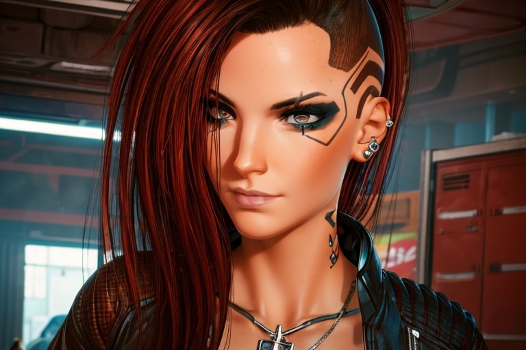 1 girl, dark red hair, brown eyes, close up, badass pose,  future t-shirt, bullet neckless,piercings, ear per