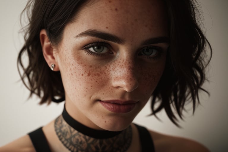 photo, rule of thirds, dramatic lighting, medium hair, detailed face, detailed nose, woman wearing tank top, freckles, collar or choker, smirk, tattoo, intricate background ,realism,realistic,raw,analog,woman,portrait,photorealistic,analog,realism, nsfw, collar