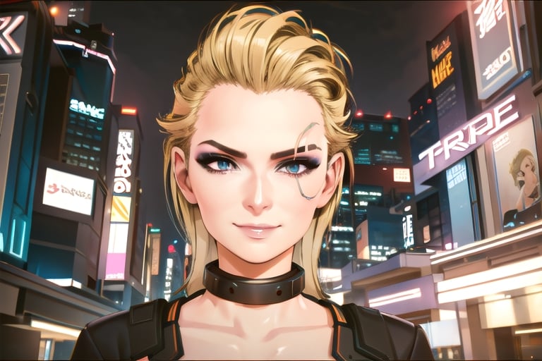 1 girl, nighty city, cyberpunk, sexy outfit, close up, collar, barely_clothed, smile,  blonde hair,