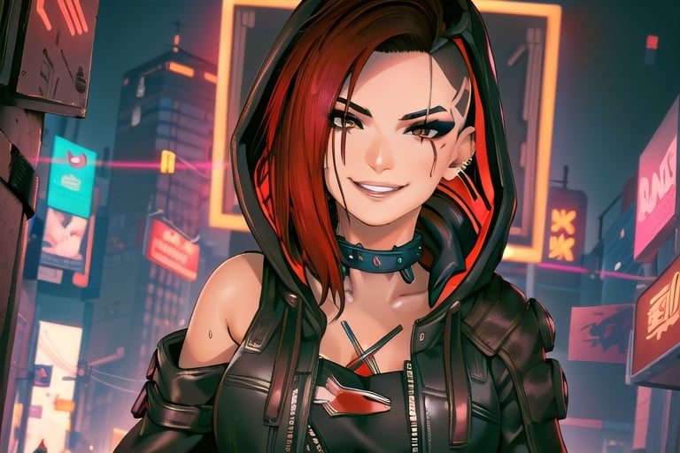 1 girl, red hair, brown eyes, nighty city, cyberpunk, sexy outfit, close up, collar, barely_clothed, smile, bullet neckless, ear piercing, wave, smile, fingers, hooded, hood up, assassins creed, smile, black hoodie, neon lights, apartment. witcher, dress, skin tight latex suit