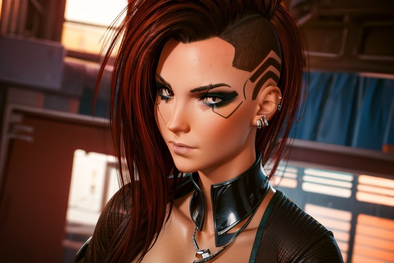 1 girl, dark red hair, brown eyes, close up, badass pose,  future t-shirt, bullet neckless,piercings, ear per