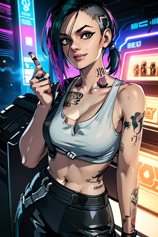 1 Judy, cyberpunk, sexy, tattoos, sexy, badass. Full naked, breasts out, pony tail, tank top, clothed, ,cyberpunk,Detailedface, happy, smile, sexy, cute, smoking, cleavage cutout 