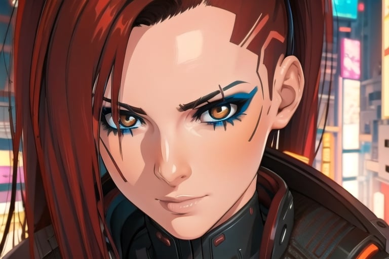 1 girl, red hair, brown eyes, nighty city, cyberpunk, sexy outfit, close up,