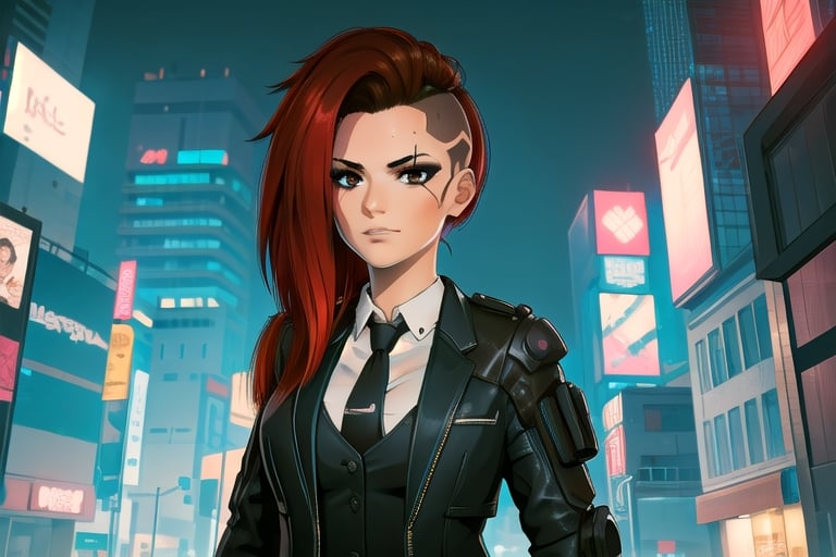 1 girl, red hair, brown eyes, nighty city, cyberpunk, black suit and tie, suit, agent