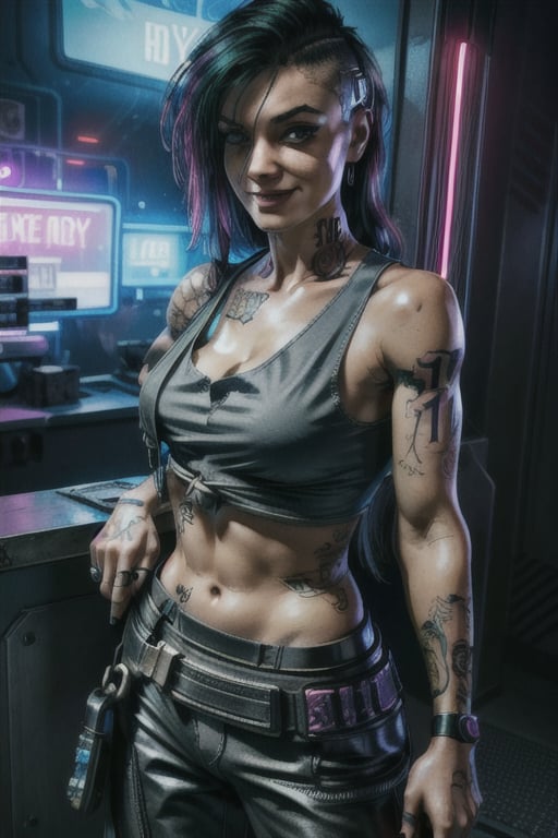 1 Judy, cyberpunk, sexy, tattoos, sexy, badass.  long hair, tank top, clothed, ,cyberpunk,Detailedface, happy smile, sexy, 