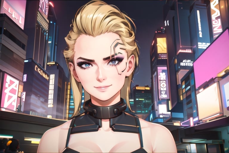 1 girl, nighty city, cyberpunk, sexy outfit, close up, collar, barely_clothed, smile,  blonde hair,