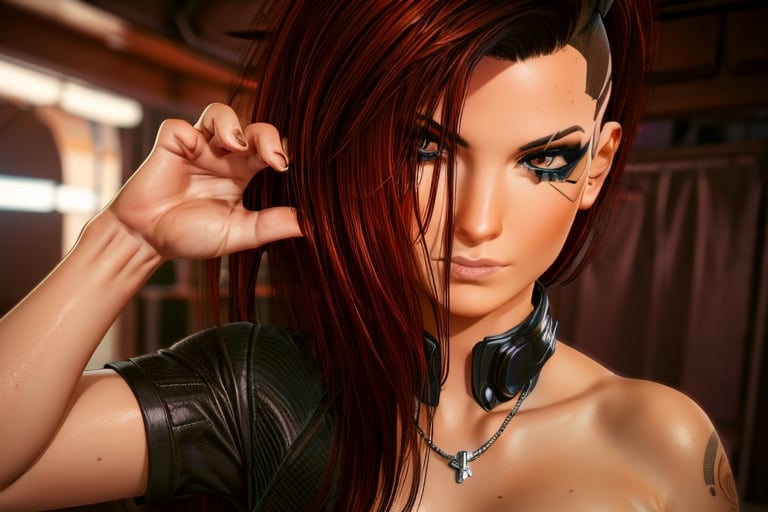 1 girl, dark red hair, brown eyes, close up, badass pose,  future t-shirt, bullet neckless,piercings, ear per