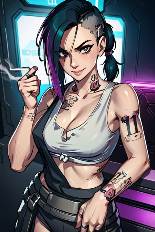 1 Judy, cyberpunk, sexy, tattoos, sexy, badass. Full naked, breasts out, pony tail, tank top, clothed, ,cyberpunk,Detailedface, happy, smile, sexy, cute, smoking, cleavage cutout 